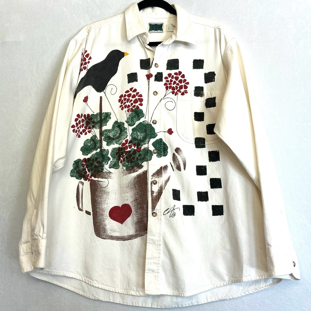 Womens Large White Long‎ Sleeve Bird Flower Water Can VTG Button Up Cotton Shirt